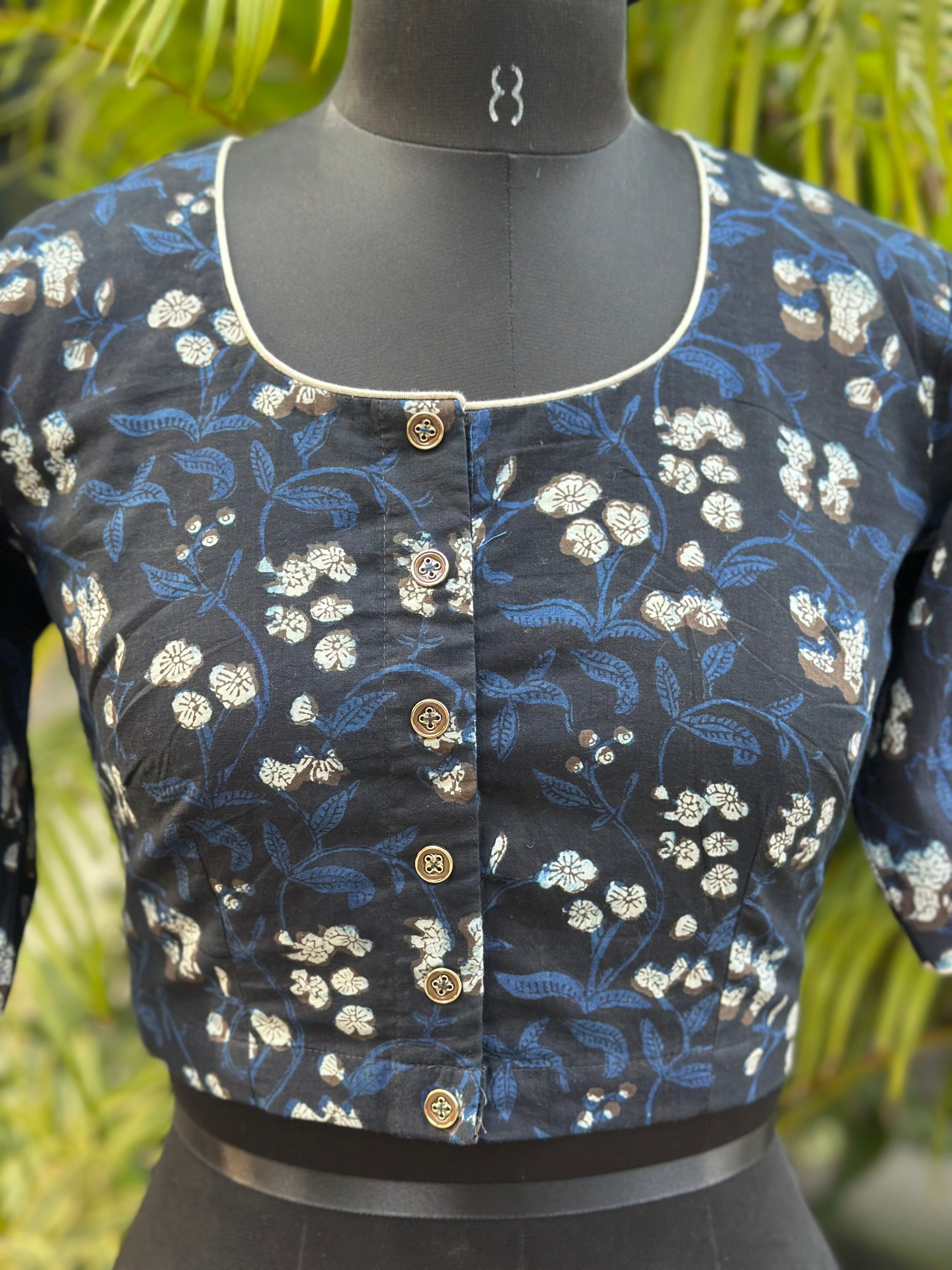 Brown Ajrakh Handblock Print V neck cotton blouse with sleeves