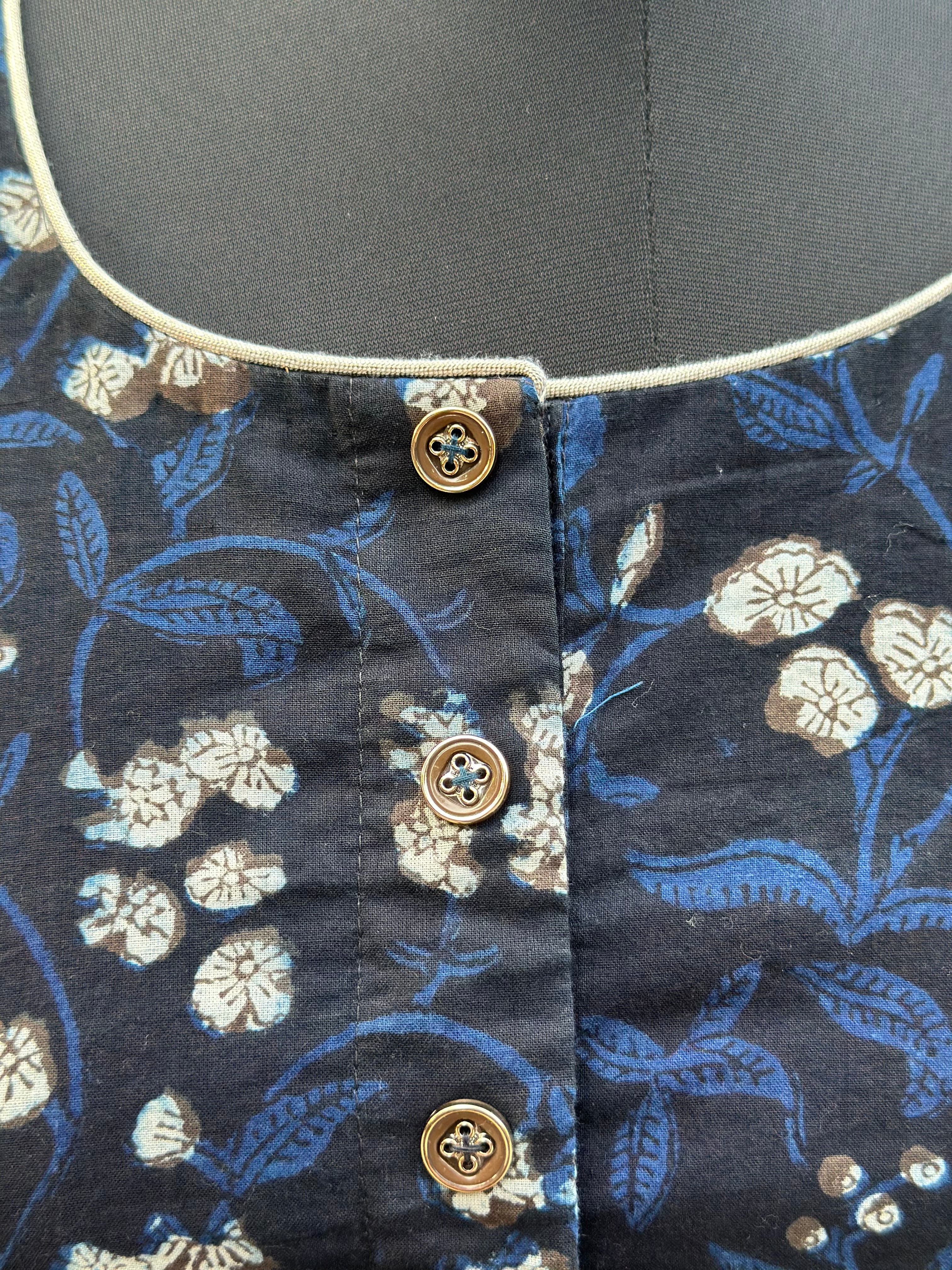 Brown Ajrakh Handblock Print V neck cotton blouse with sleeves