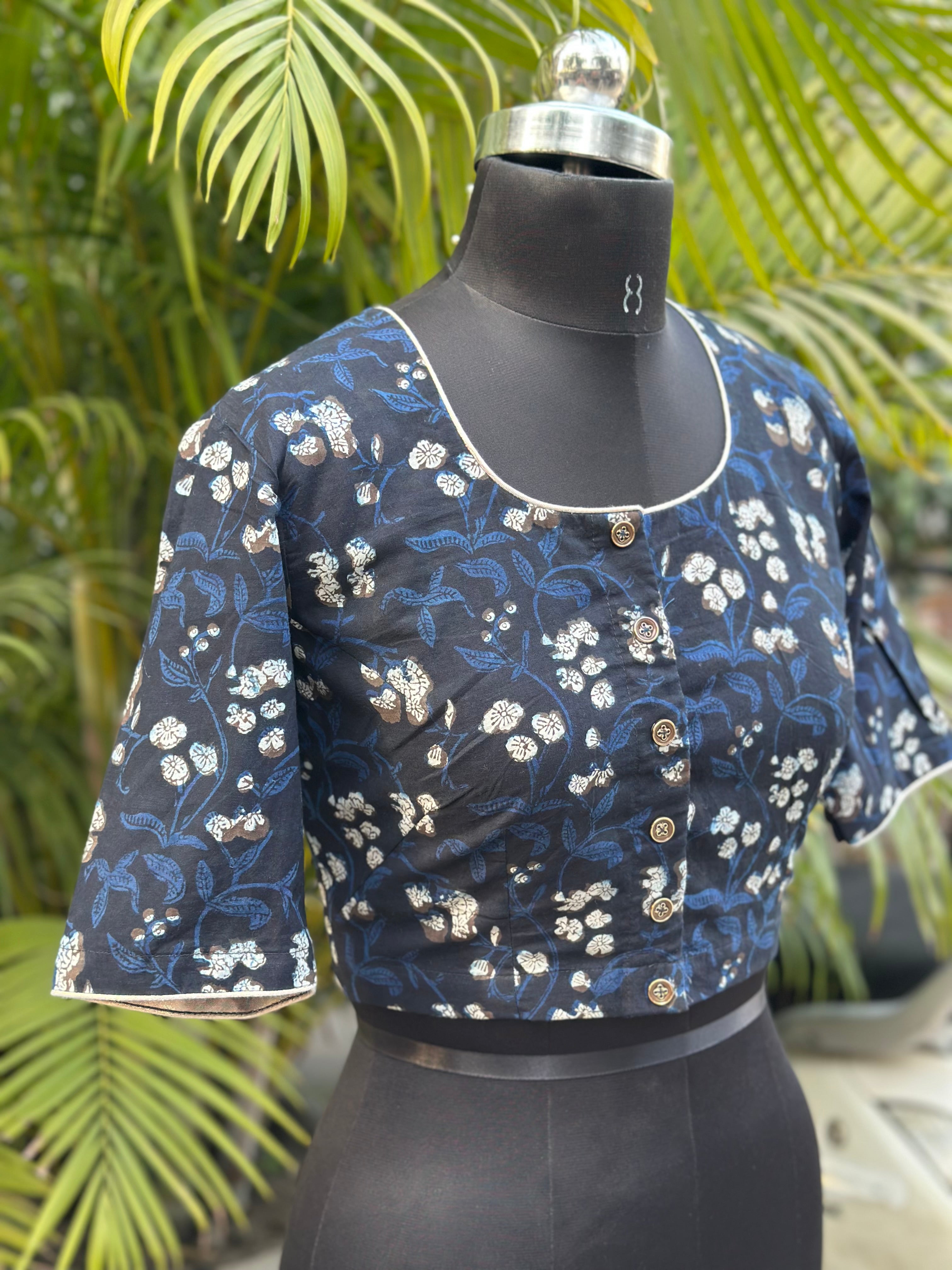 Chaandni- Dark Blue Bagru Handblock Print round neck cotton blouse with sleeves