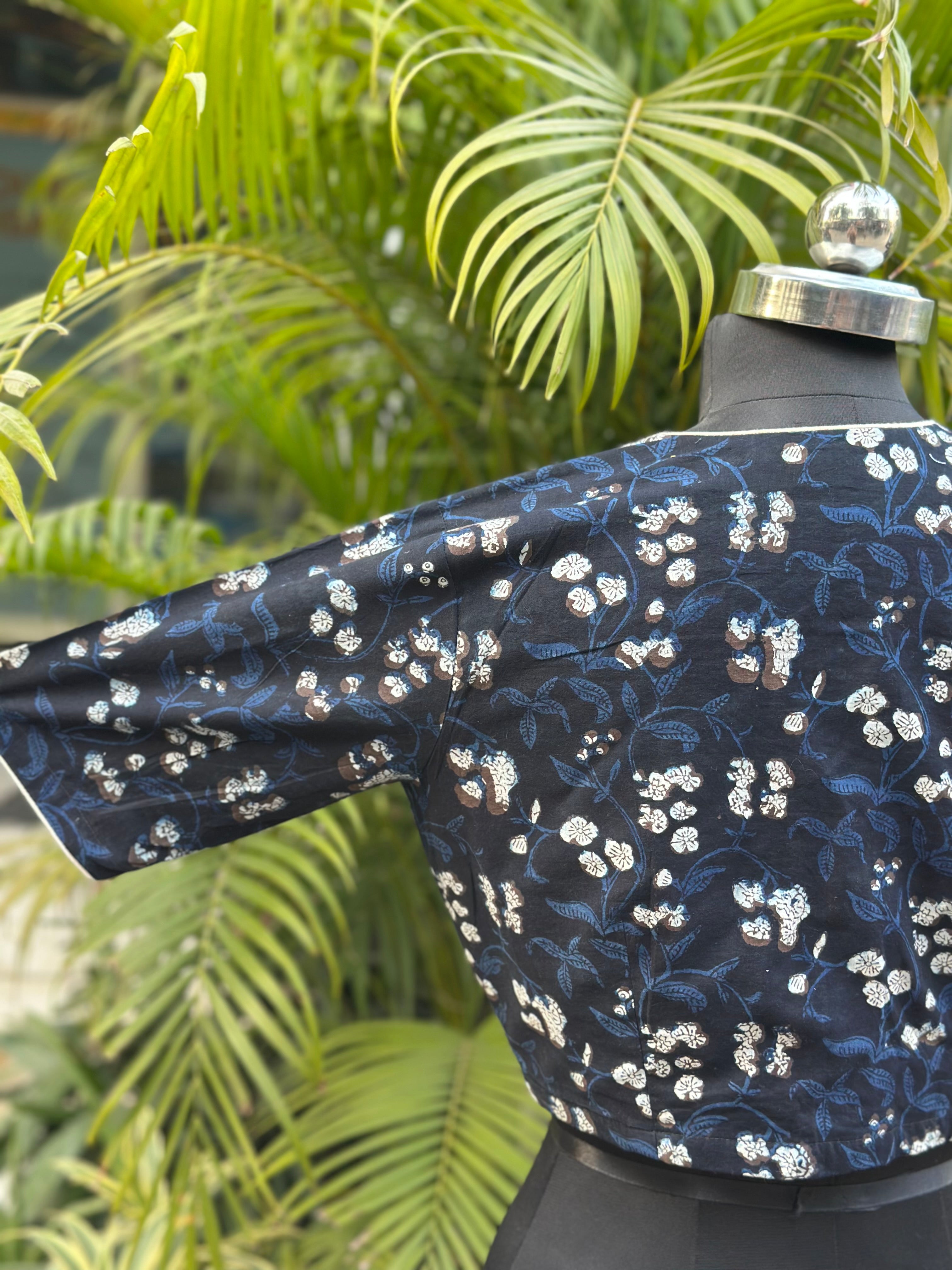 Chaandni- Dark Blue Bagru Handblock Print round neck cotton blouse with sleeves