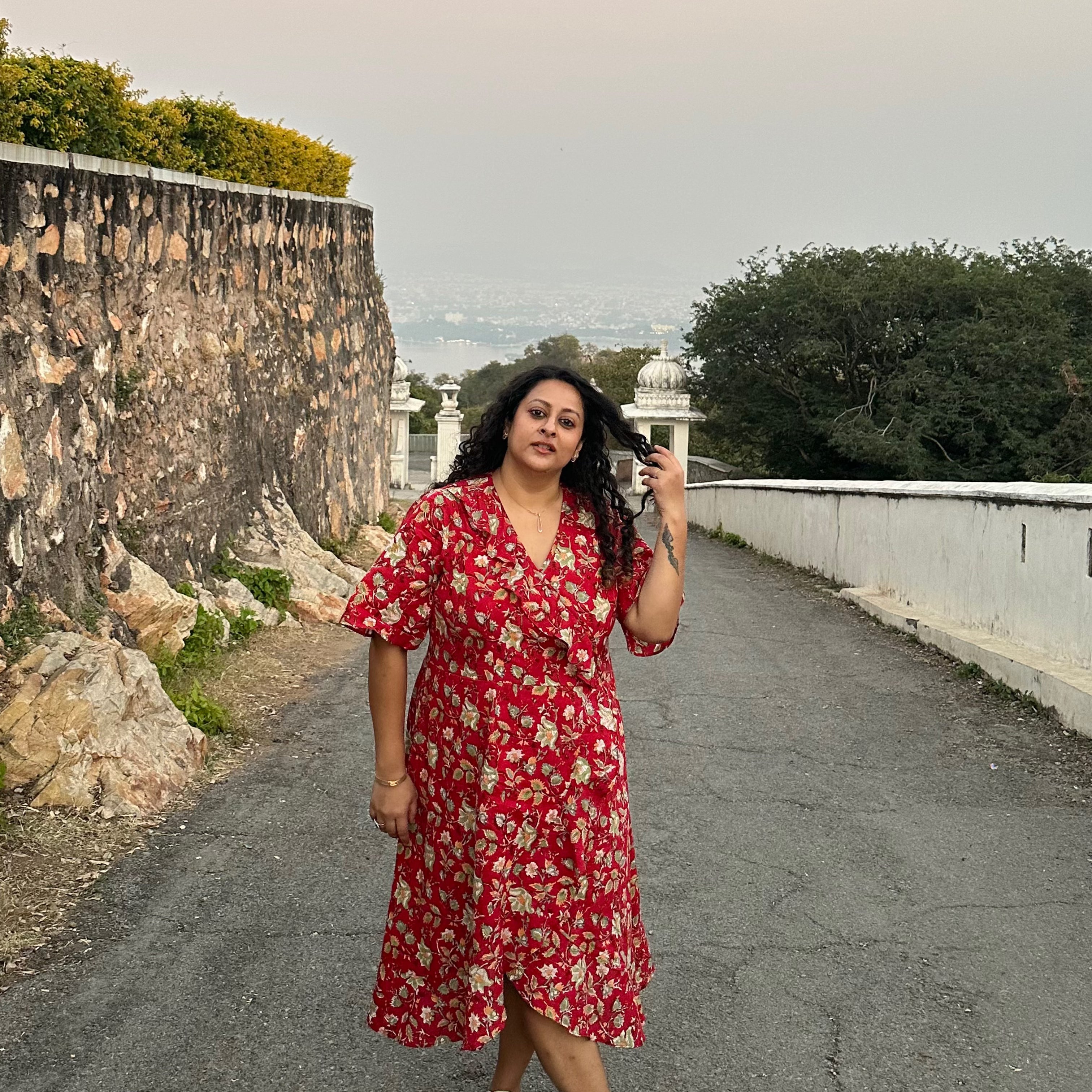 Red Sanganeri Handblock Print Wrap Style Dress