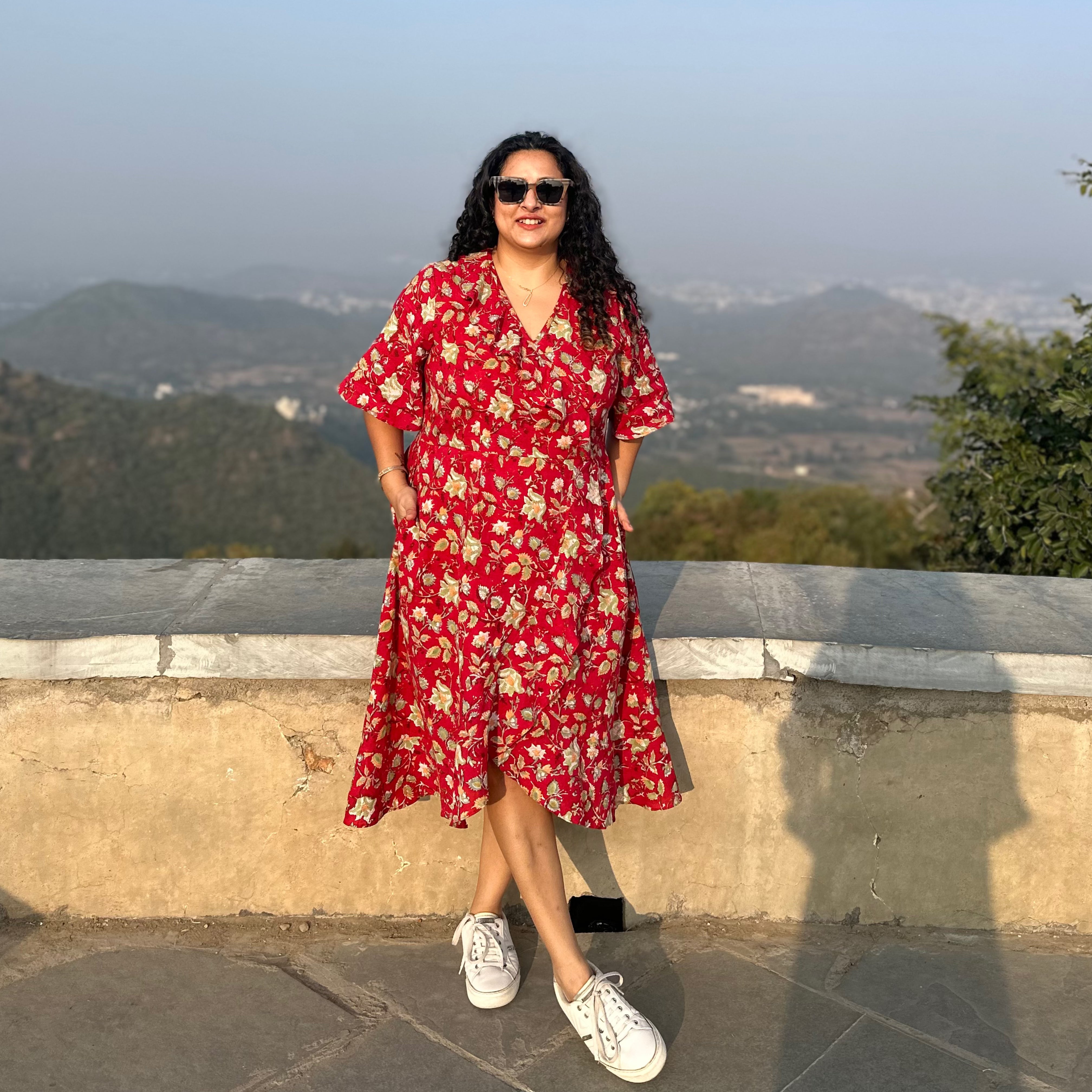 Red Sanganeri Handblock Print Wrap Style Dress