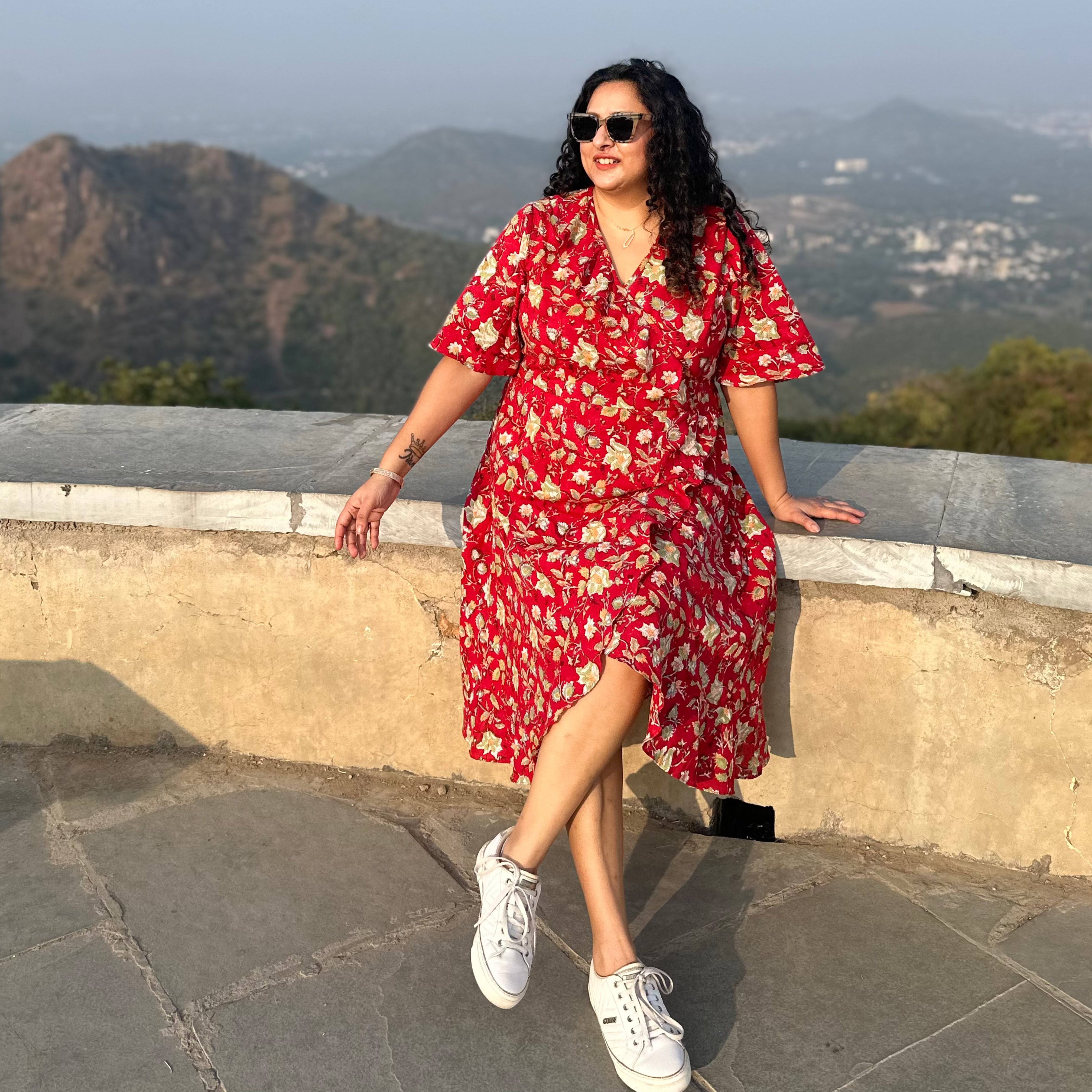 Red Sanganeri Handblock Print Wrap Style Dress