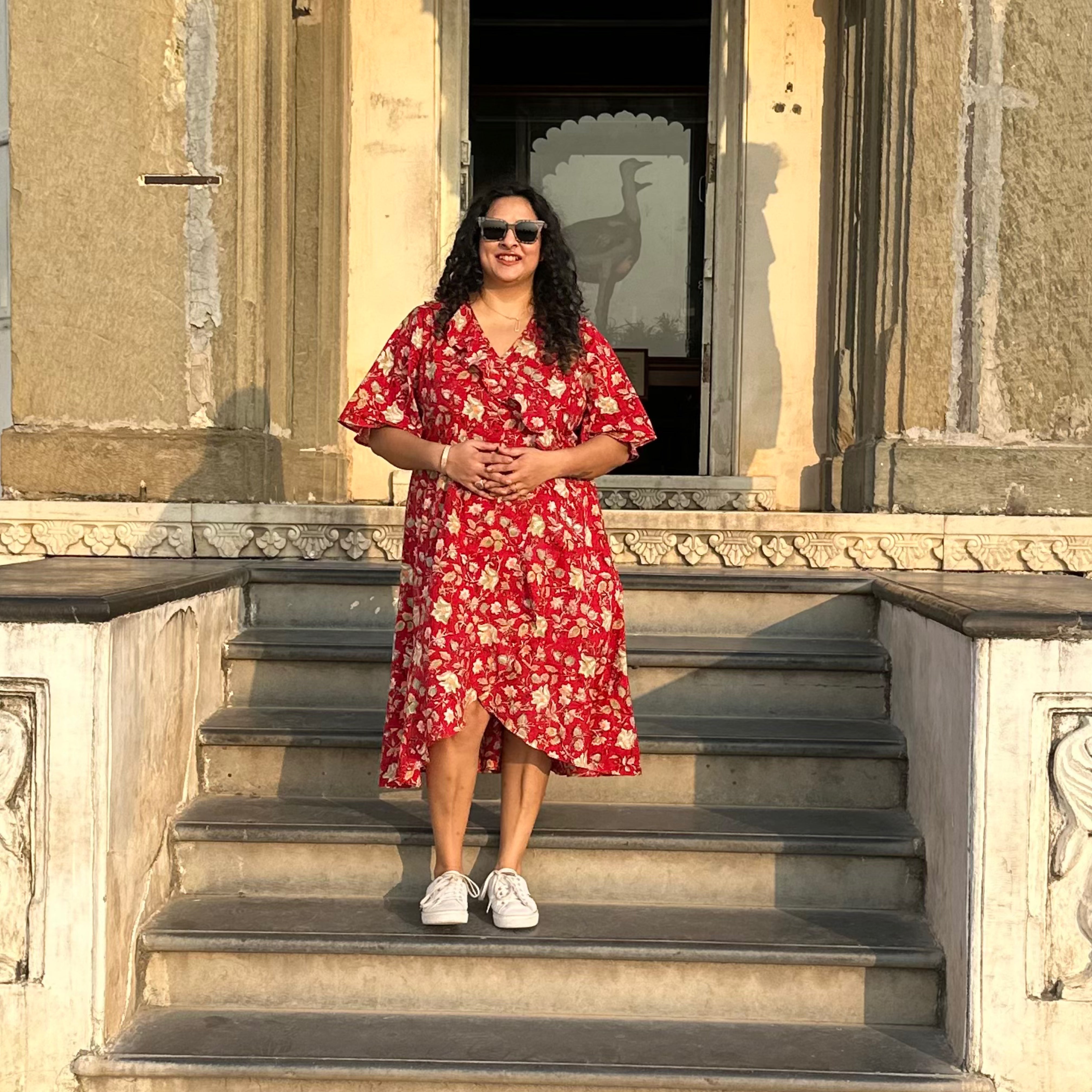 Red Sanganeri Handblock Print Wrap Style Dress