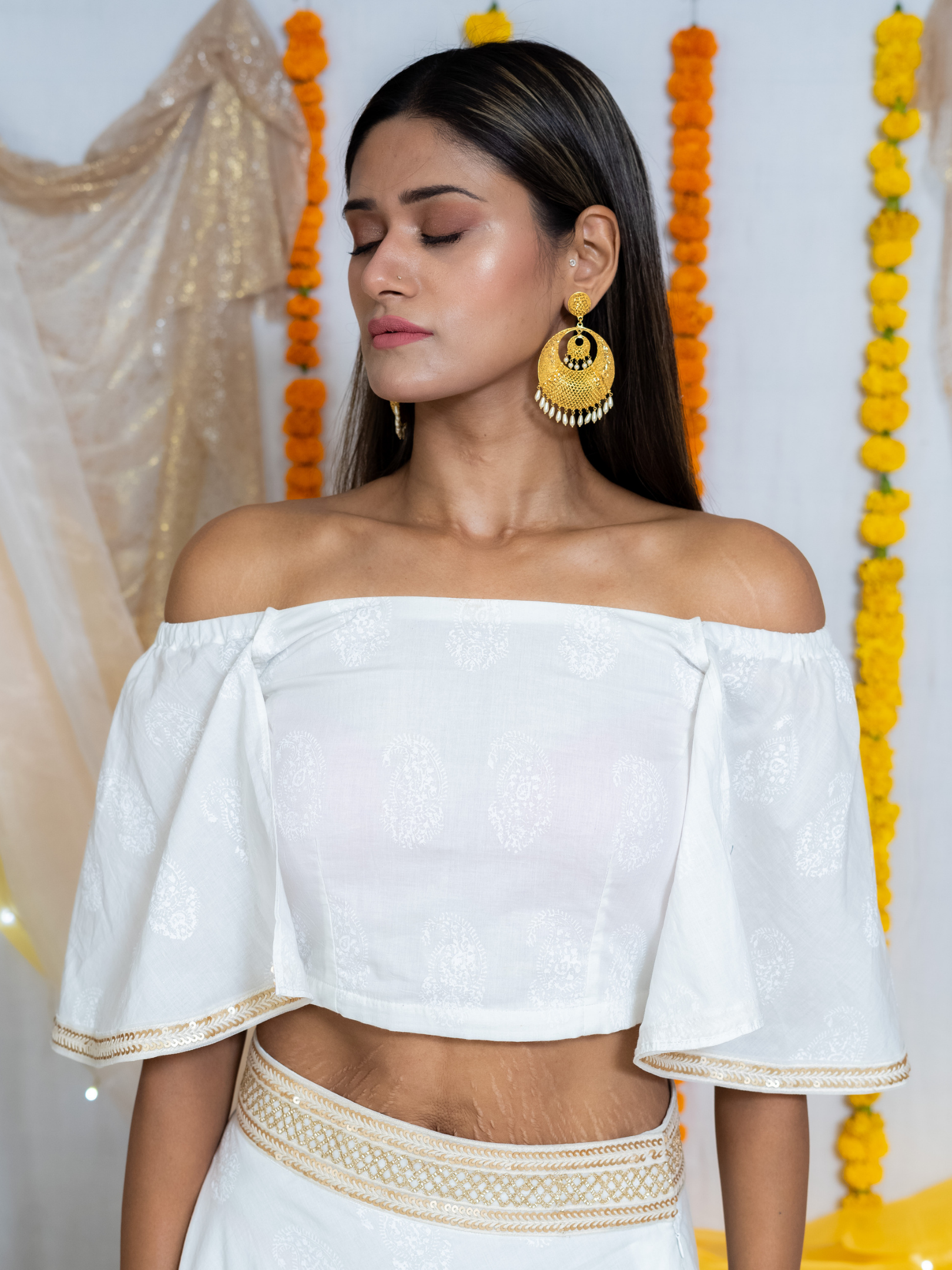 White HandBlock Booti Lehenga Choli