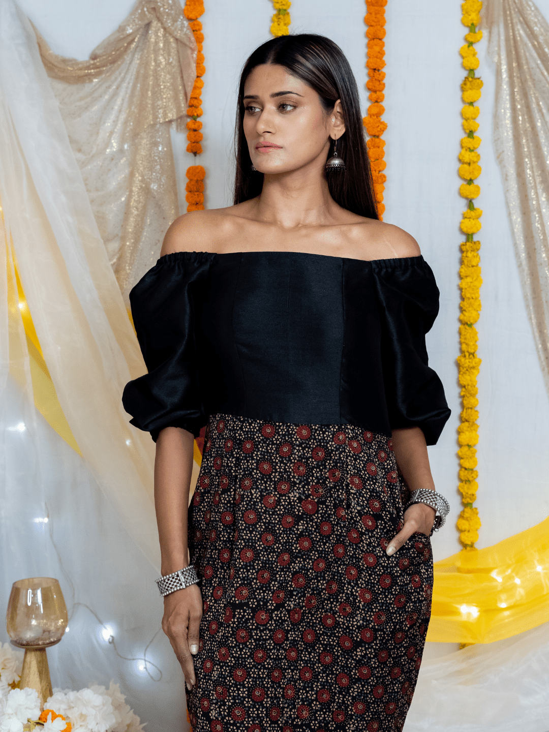 Black Ajrakh Handblock Printed Off Shoulder Silk Dress