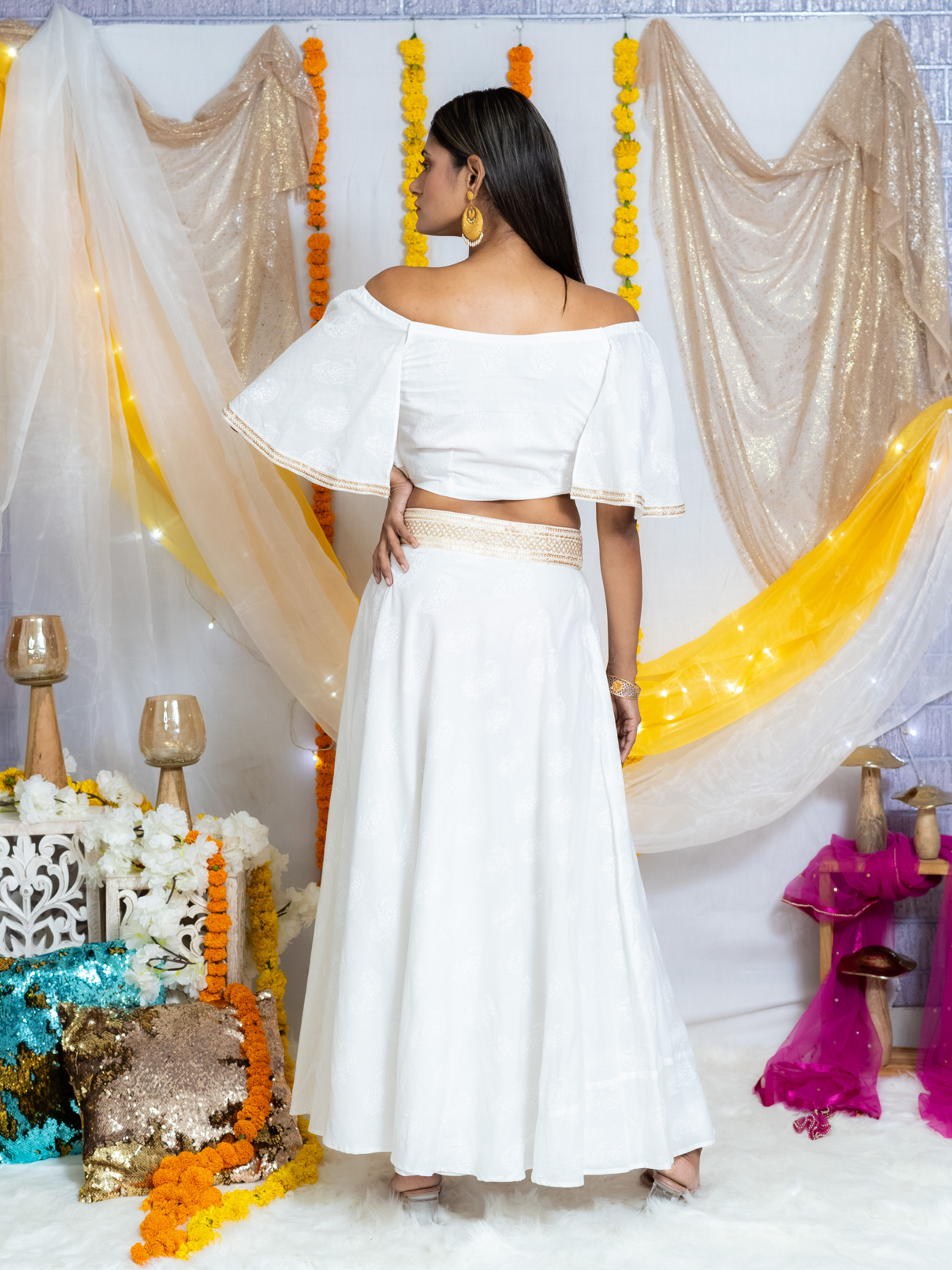 White HandBlock Booti Lehenga Choli