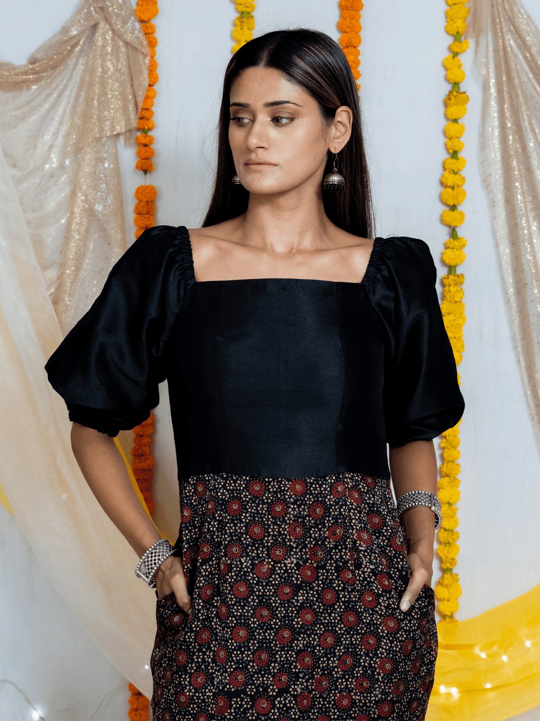 Black Ajrakh Handblock Printed Off Shoulder Silk Dress