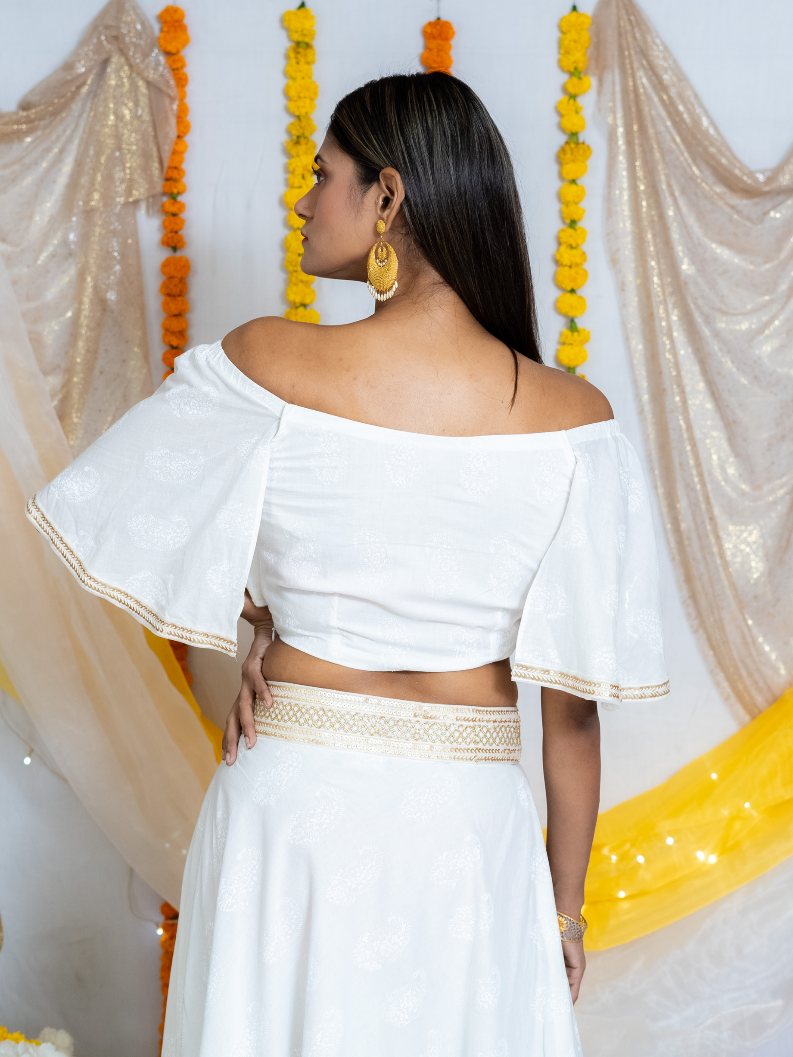White HandBlock Booti Lehenga Choli