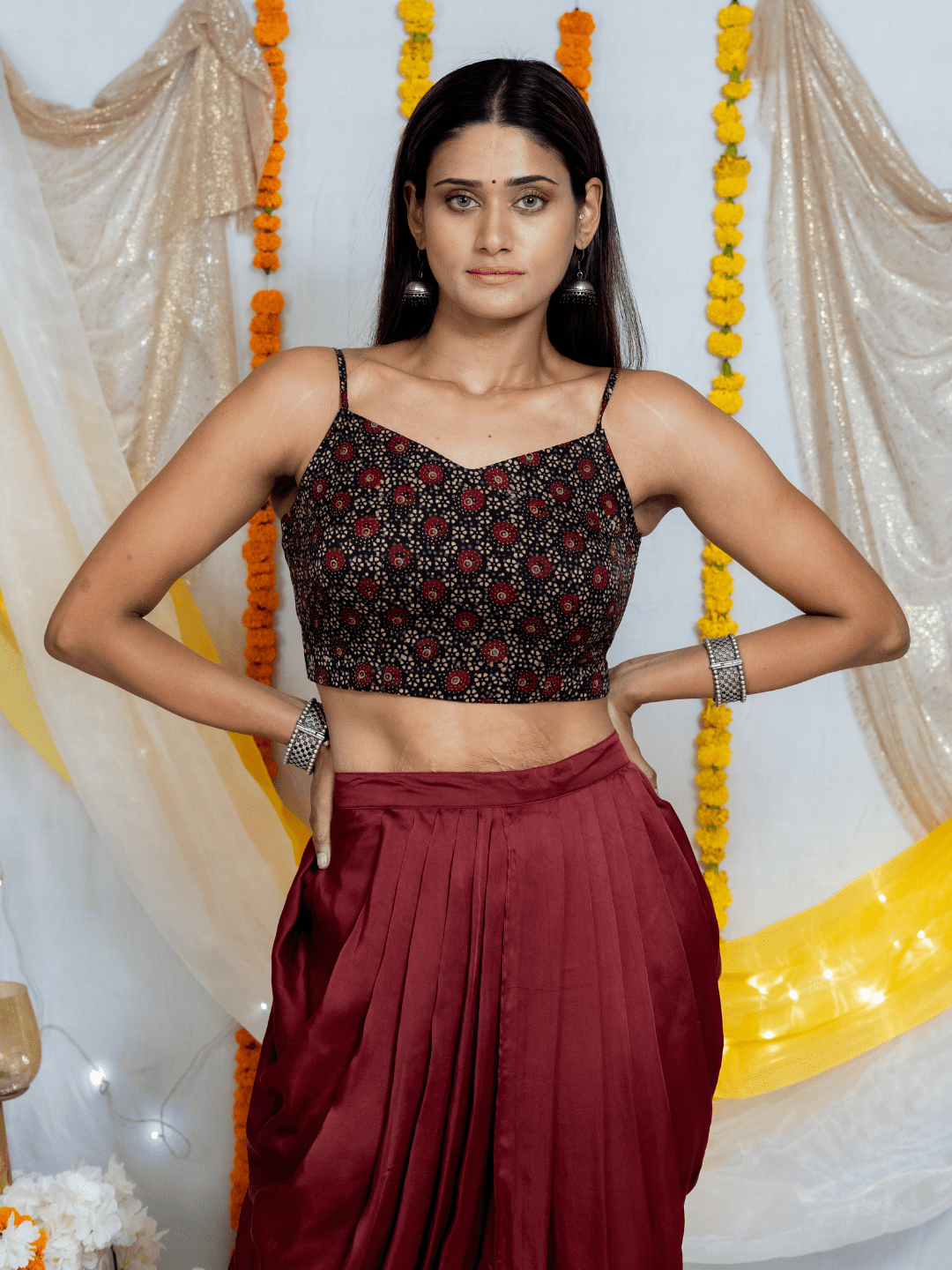 Maroon Ajrakh Handblock Print Modal Silk Dhoti Set