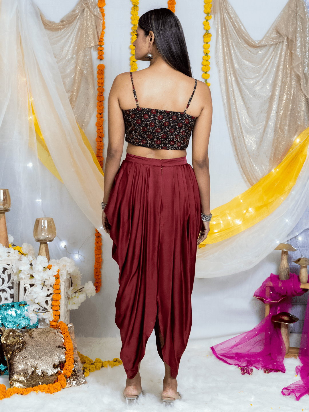 Maroon Ajrakh Handblock Print Modal Silk Dhoti Set