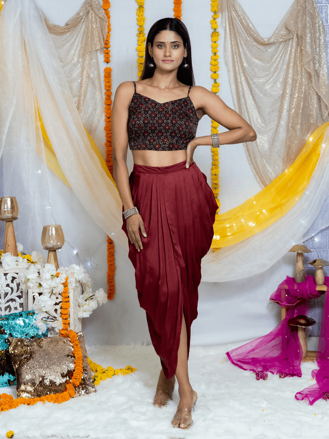 Maroon Ajrakh Handblock Print Modal Silk Dhoti Set