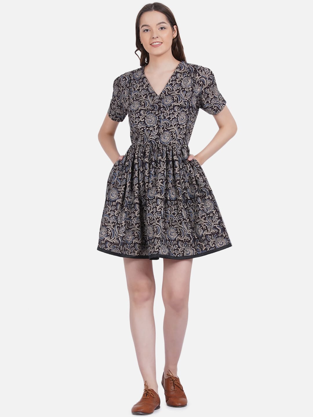Black Kalamkari Handblock Printed Frock Style Cotton Dress