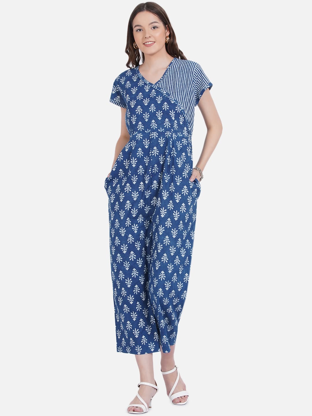 Indigo Dabu Handblock Printed Angrakha Style Cotton Jumpsuit