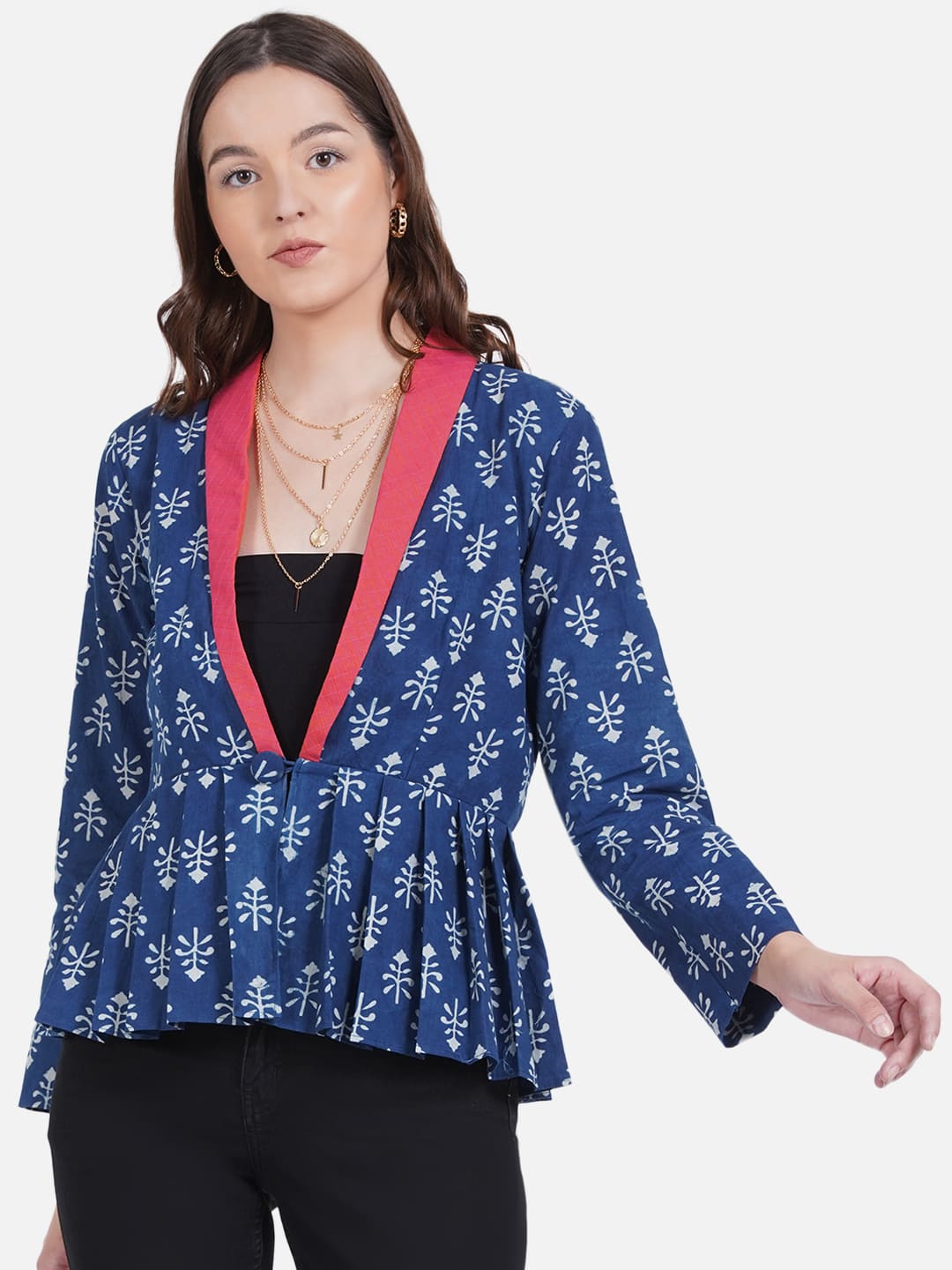 Indigo Handblock Print Peplum Jacket with Pink Collar