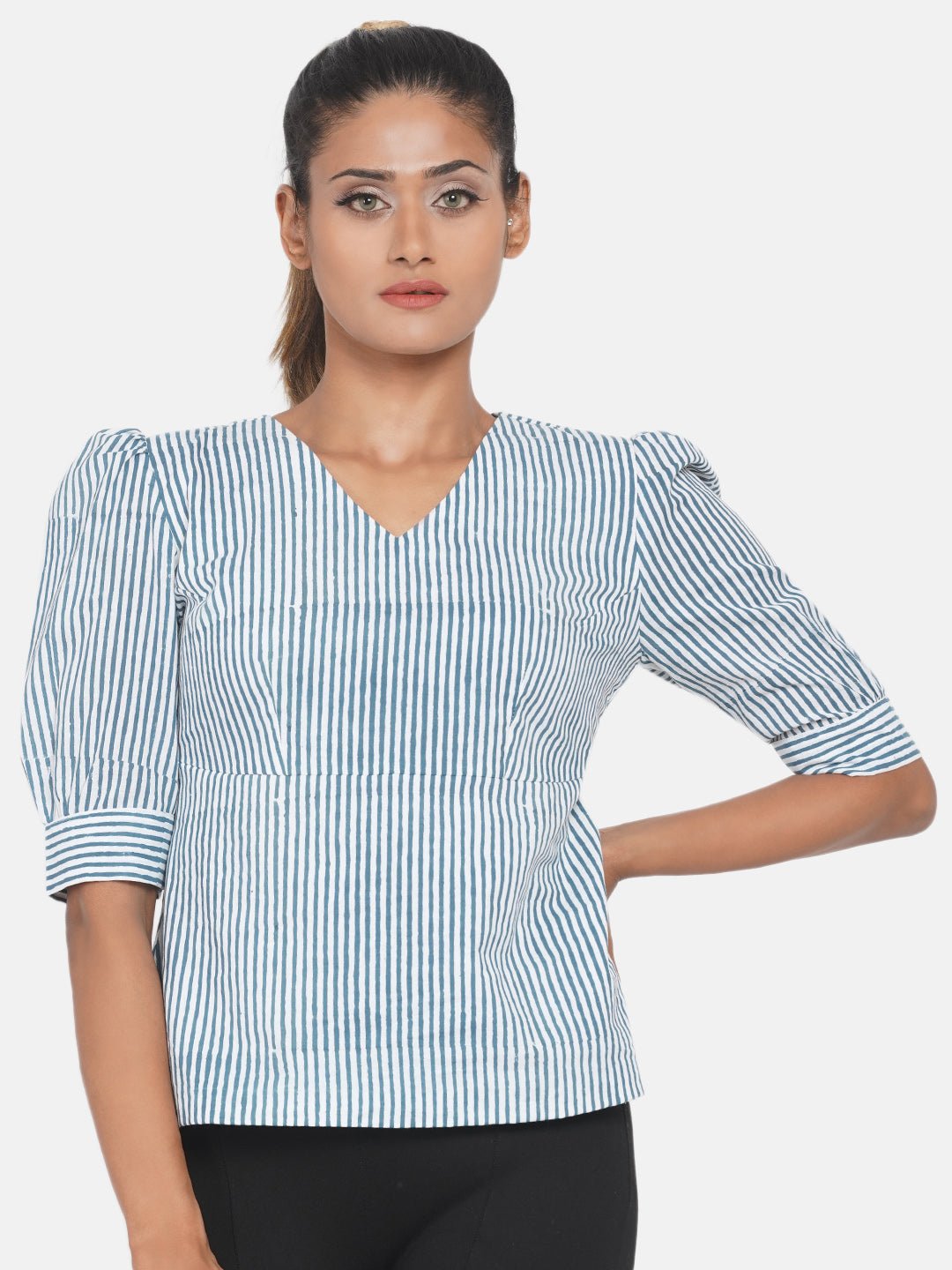 Blue Stripe Handblock Printed Cotton Top -