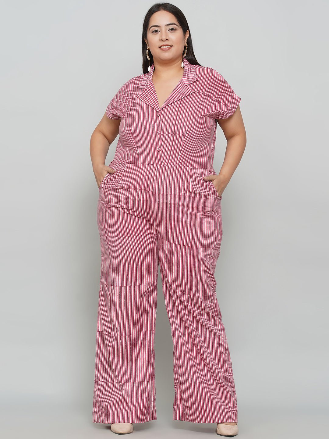 Pink Dabu Stripe Handblock Cotton Jumpsuit -