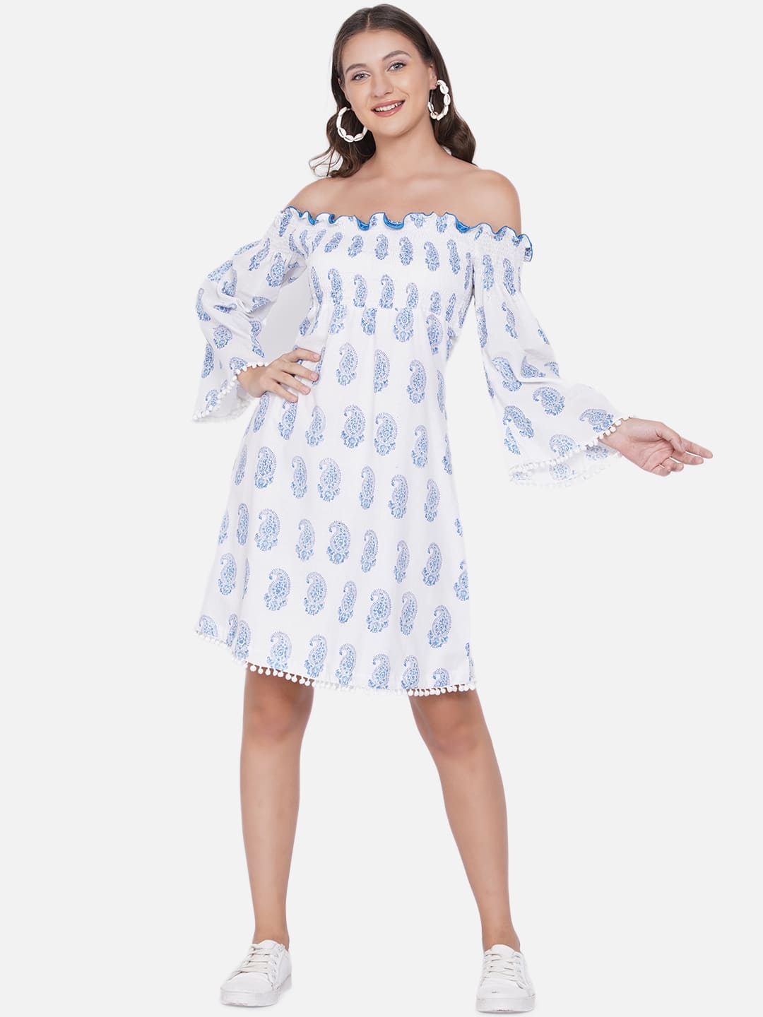 White Sanganeri Paisley Handblock Printed  Off Shoulder Cotton Dress