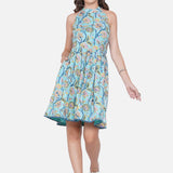 Blue Sanganeri Handblock Printed Backless Cotton Dress