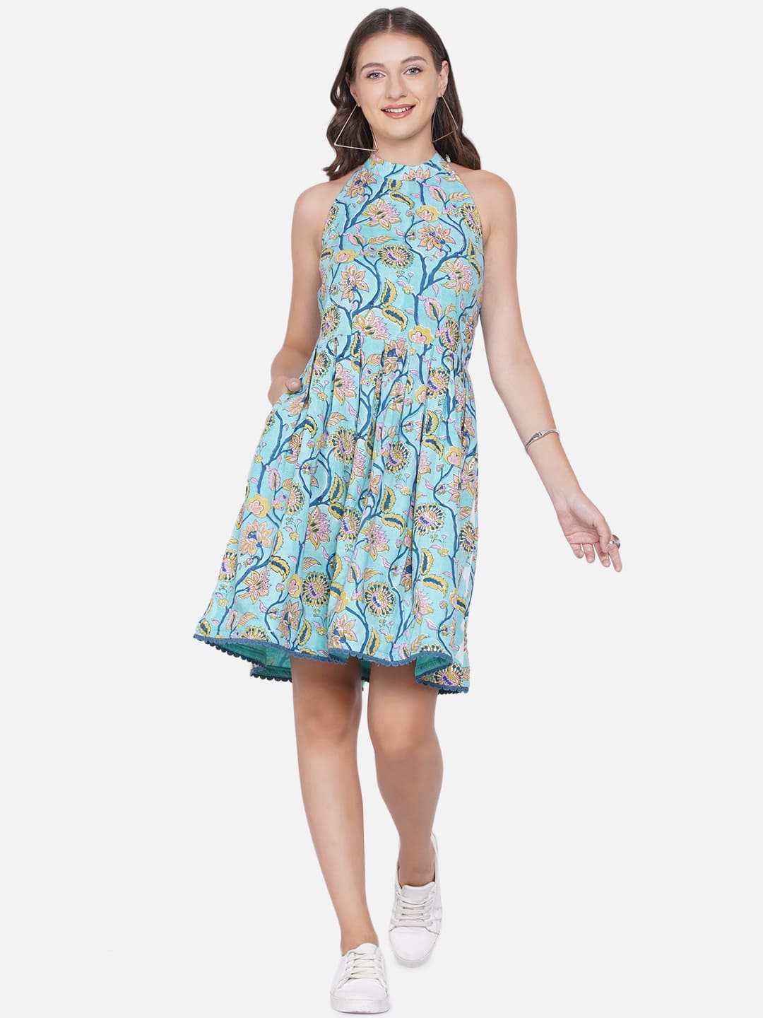 Blue Sanganeri Handblock Printed Backless Cotton Dress