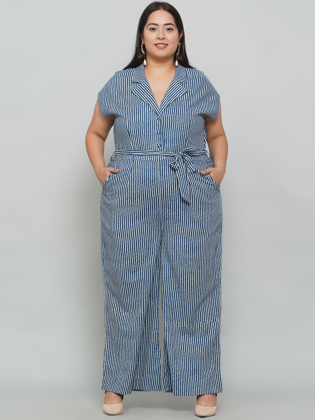 Indigo Handblock Printed Stripe Cotton Jumpsuit -Clothing