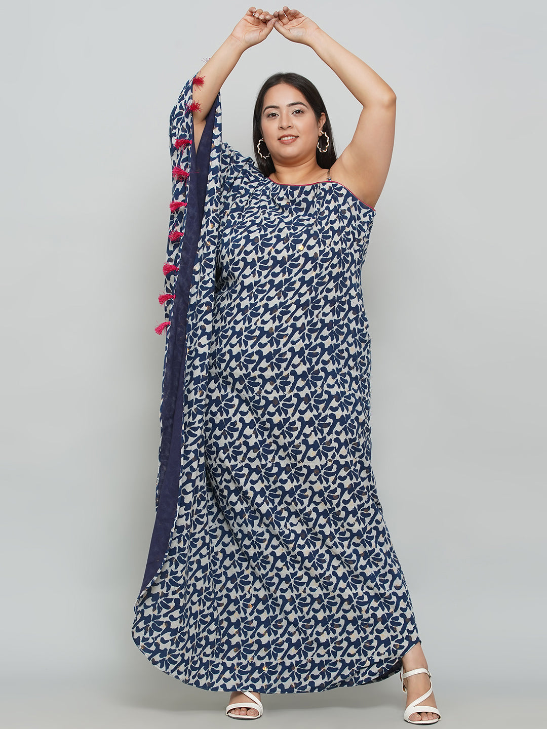 Indigo Handblock printed One Shoulder Kaftan Maxi Dress