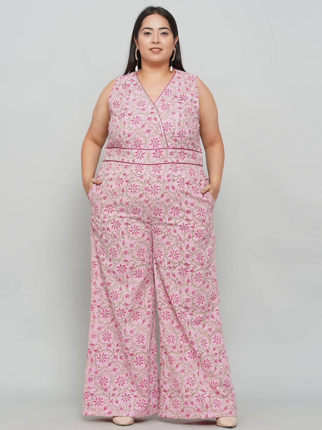 Pink Sanganeri Handblock Printed Cotton Jumpsuit
