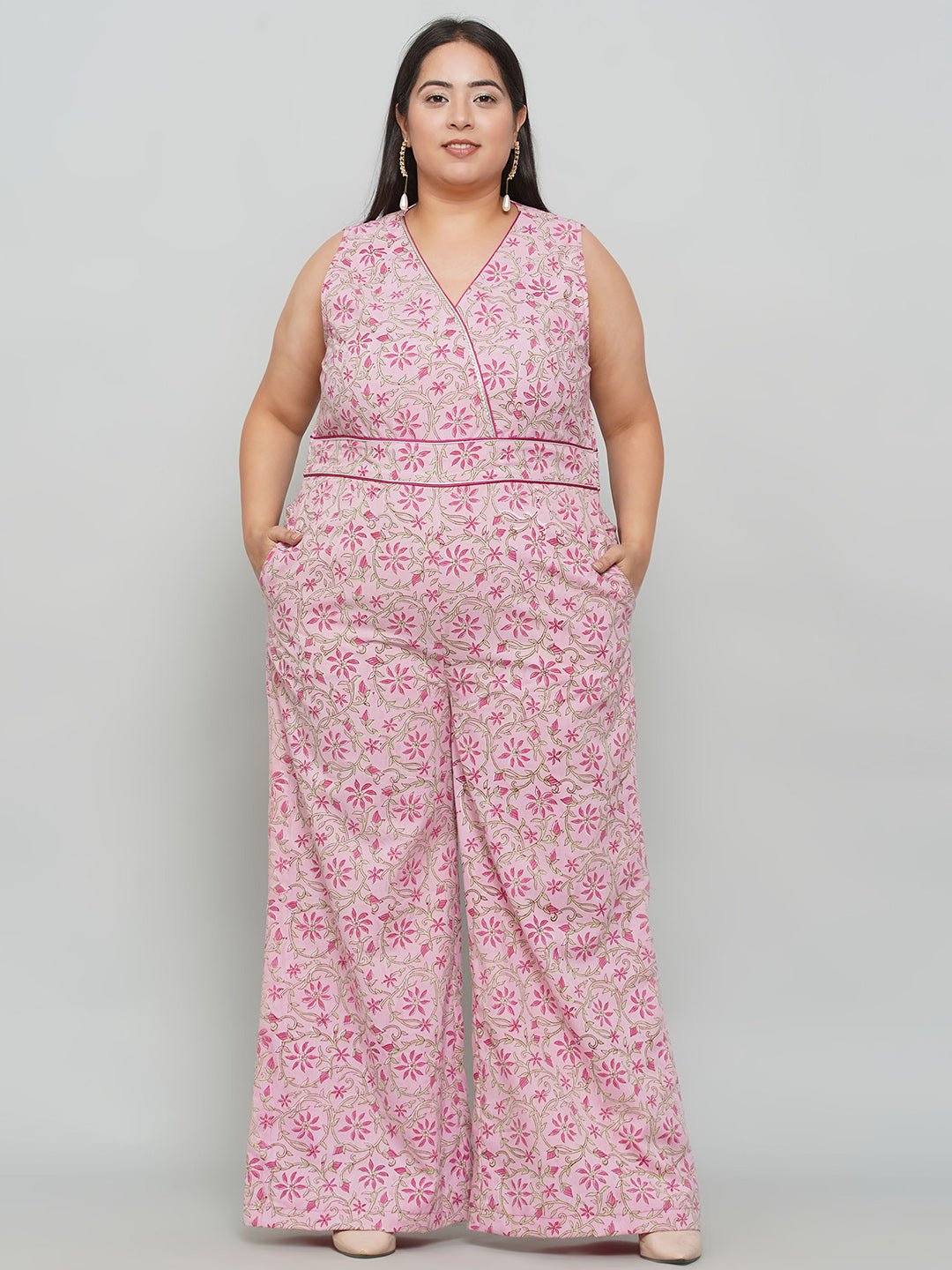 Pink Sanganeri Handblock Printed Cotton Jumpsuit -
