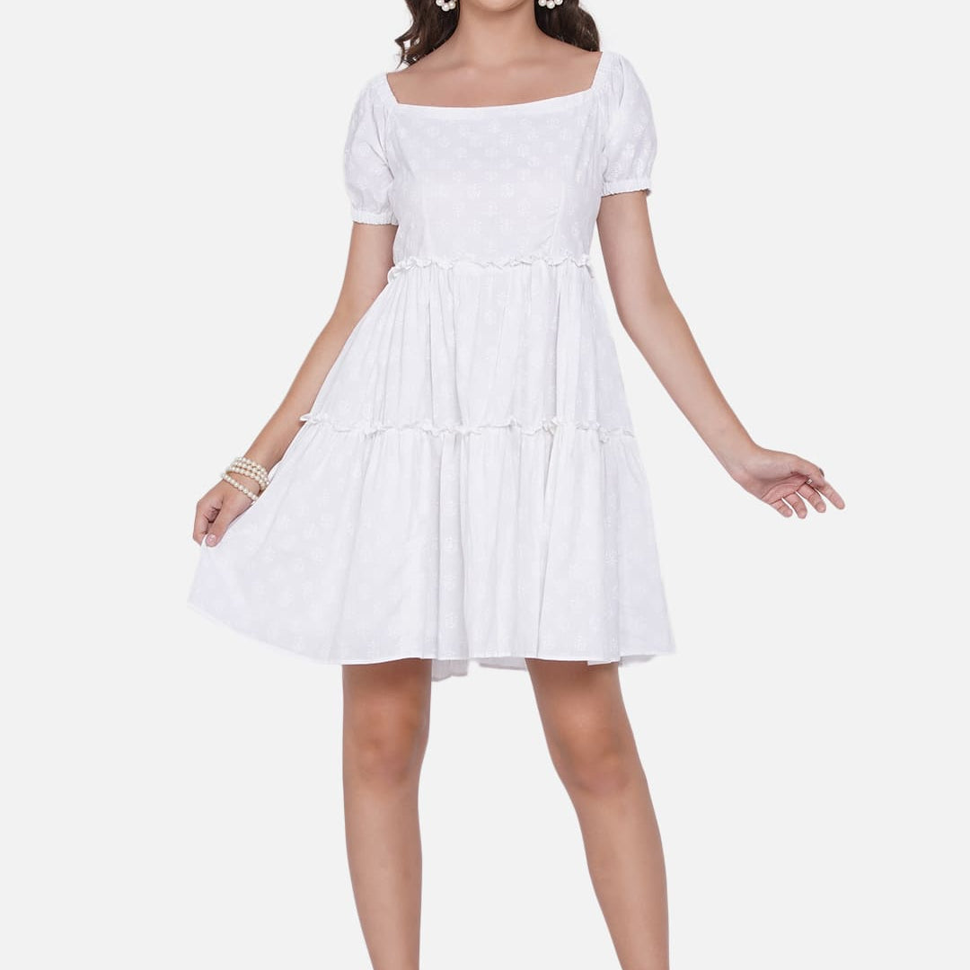 White Sanganeri Hand Block Printed Cotton Dress