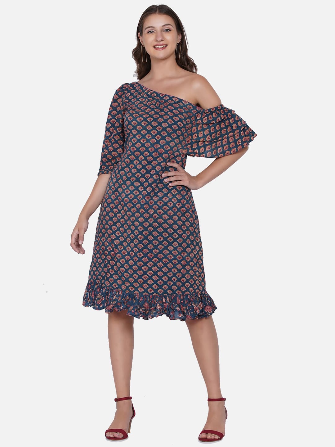 Sea Green Sanganeri Handblock printed Two Sleeves Dress