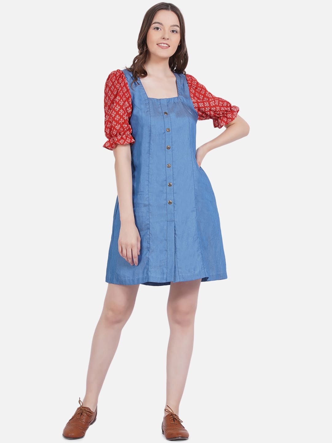 Denim Dress with Bagru Handblock Printed Sleeves