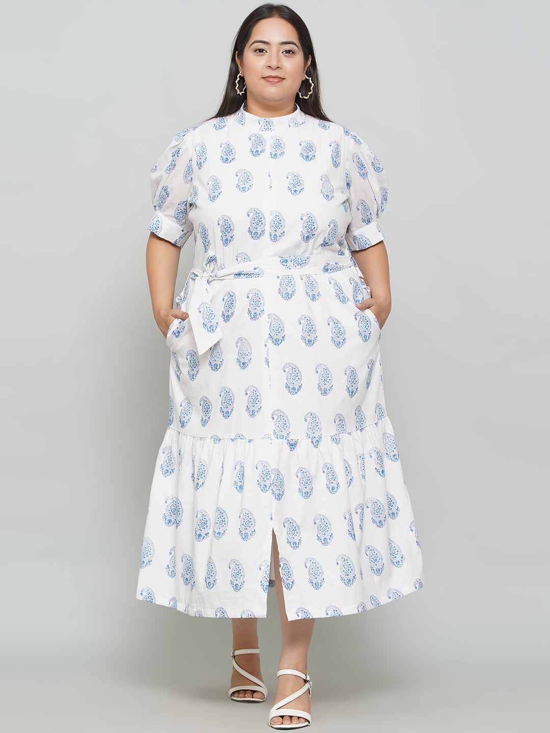 White Cotton Dress with Blue Handblock Printed Paisley
