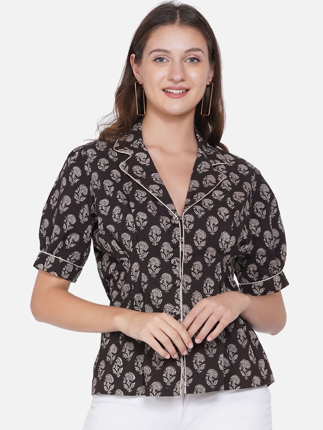 Black Bagru Handblock Printed Coat Collar Cotton Top