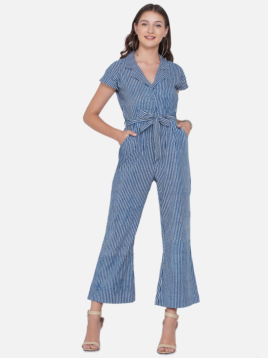 Indigo Handblock Printed Stripe Cotton Jumpsuit