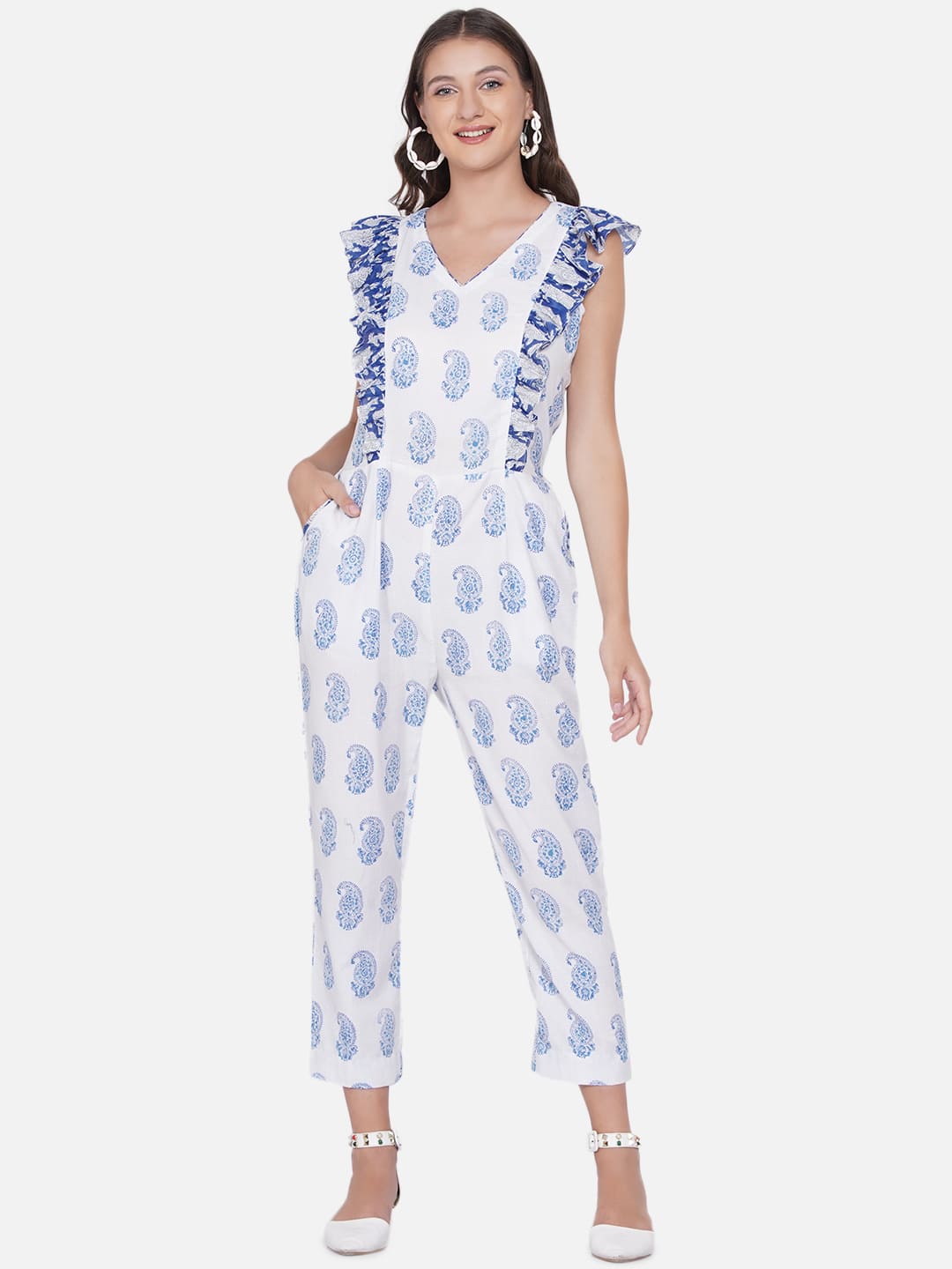 White Sanganeri Paisley Handblock Printed Cotton Jumpsuit