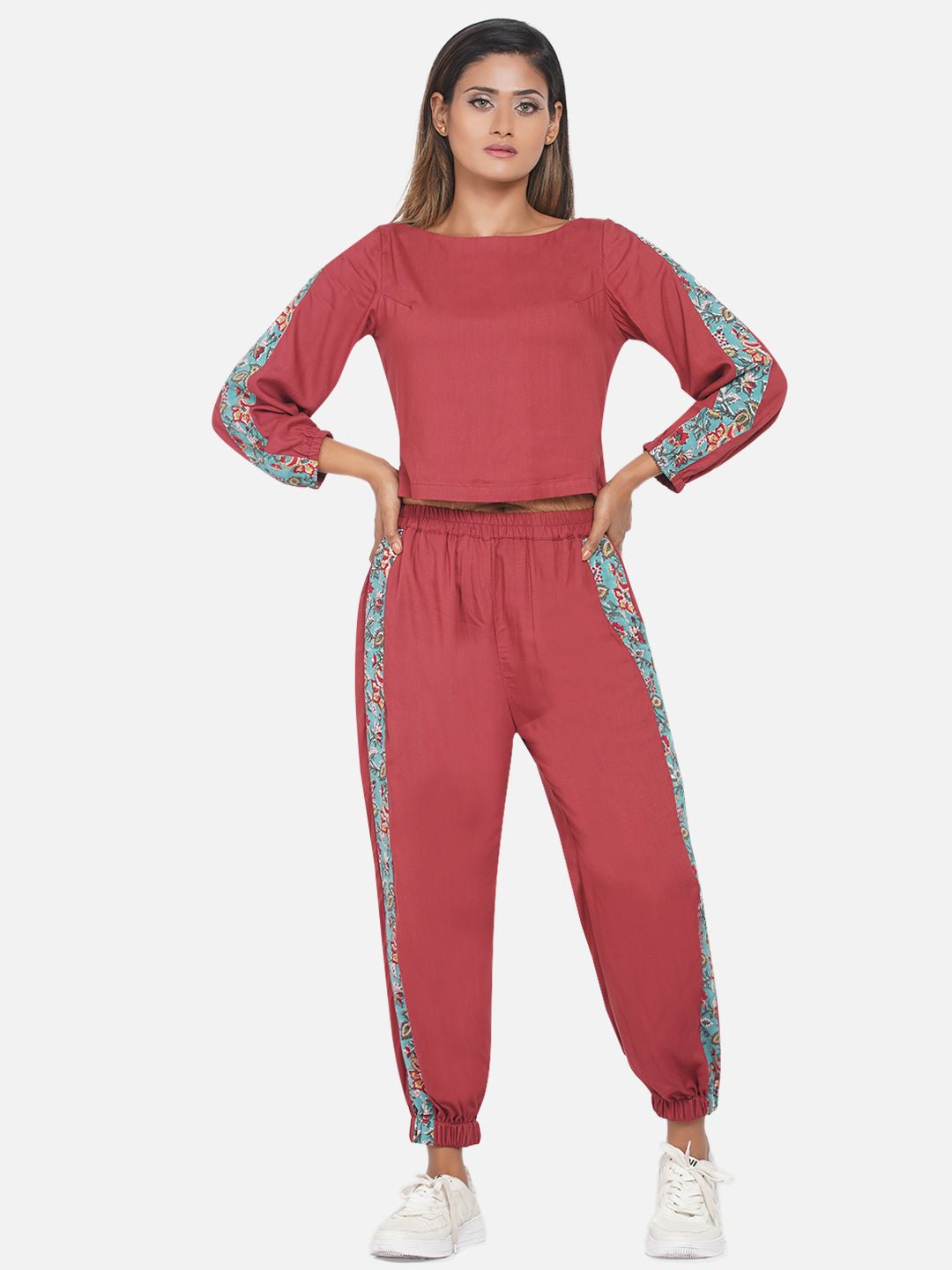 Red Jogger style co-ord set with Sanganeri Handwork print sleeves -