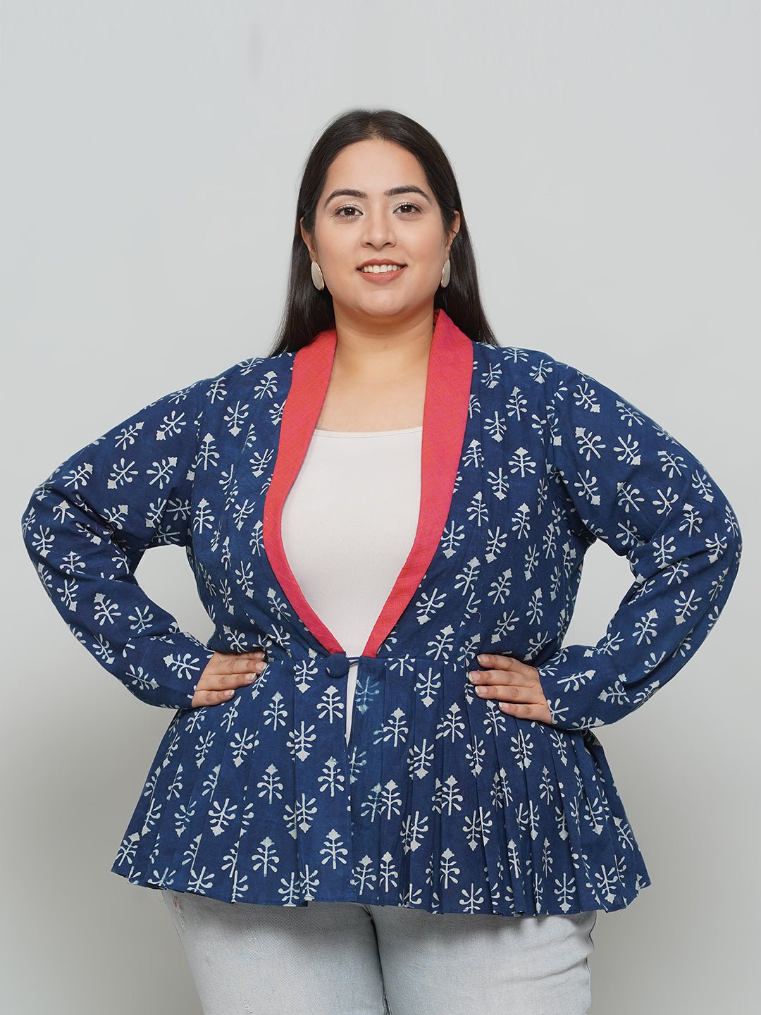 Indigo Handblock Print Peplum Jacket with Pink Collar -