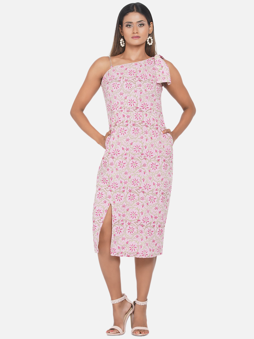 Pink Sanganeri Handblock Printed One Shoulder Dress