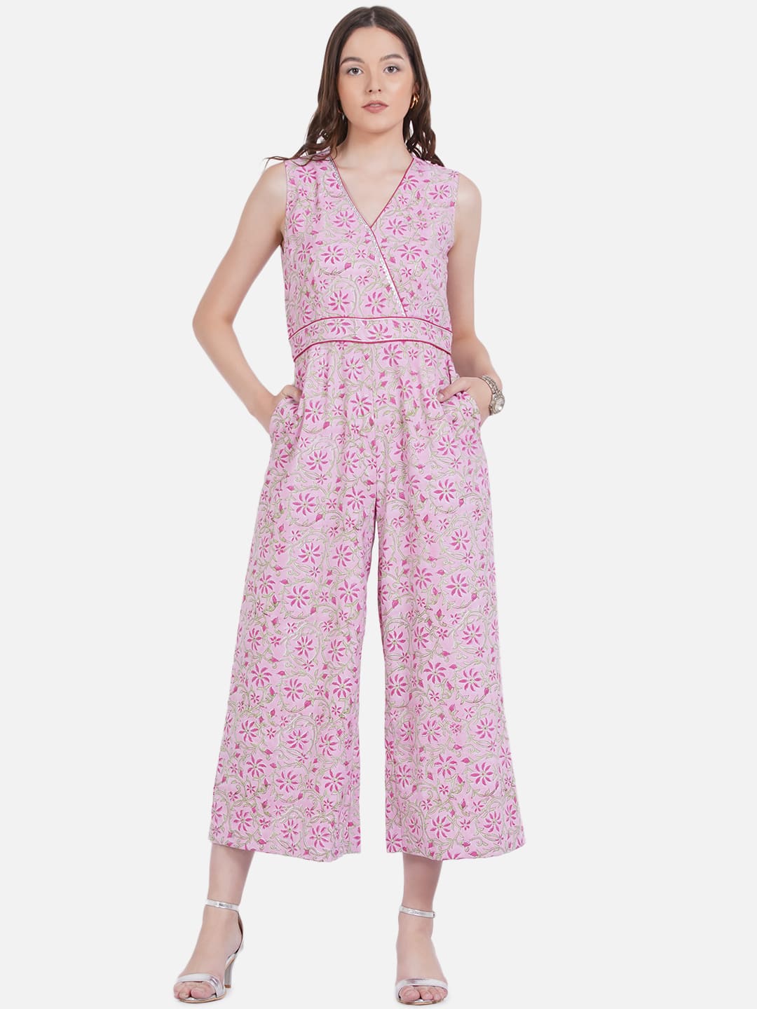 Pink Sanganeri Handblock Printed Cotton Jumpsuit