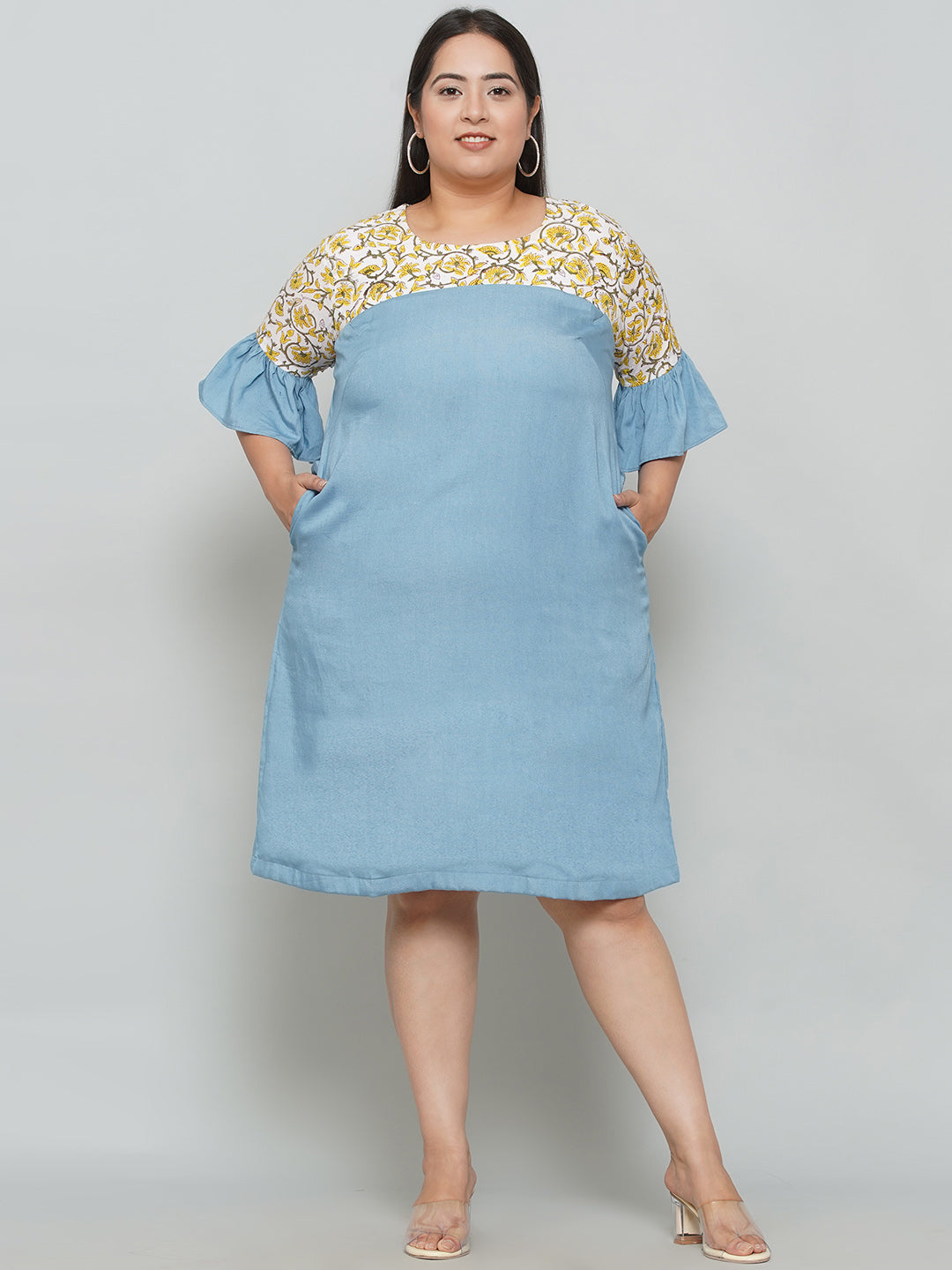 Yellow Sanganeri Handblock Printed  Denim Dress