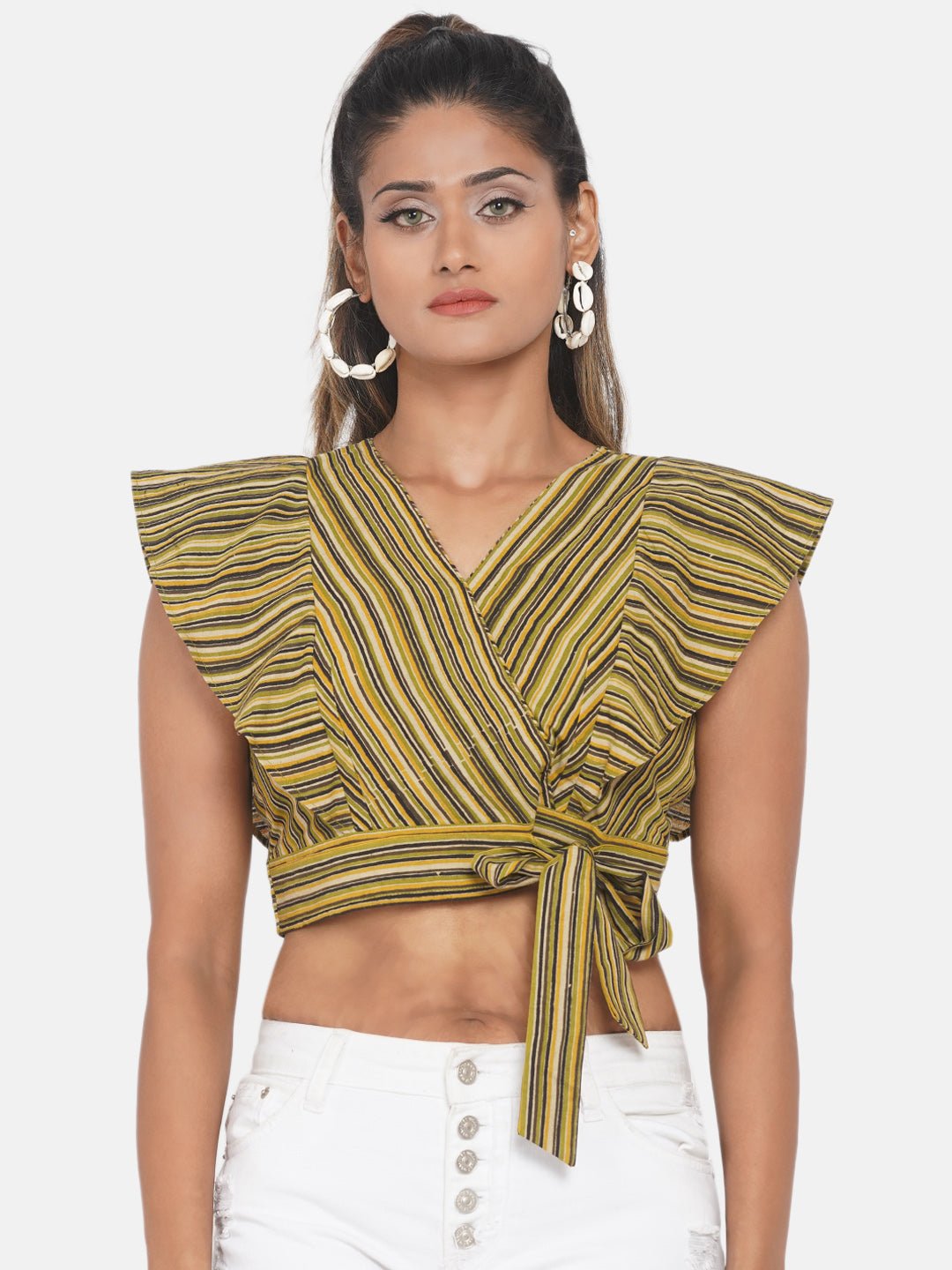 Olive Dabu Handblock Printed Stripe Cotton Top -