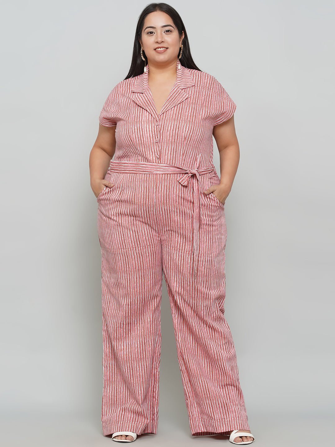 Peach Dabu Stripe Handblock Printed Cotton Jumpsuit -