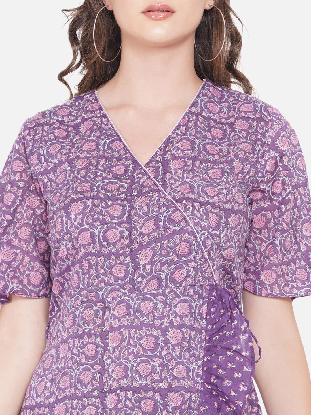 Purple Sanganeri Handblock Printed Wrap Style Cotton Dress