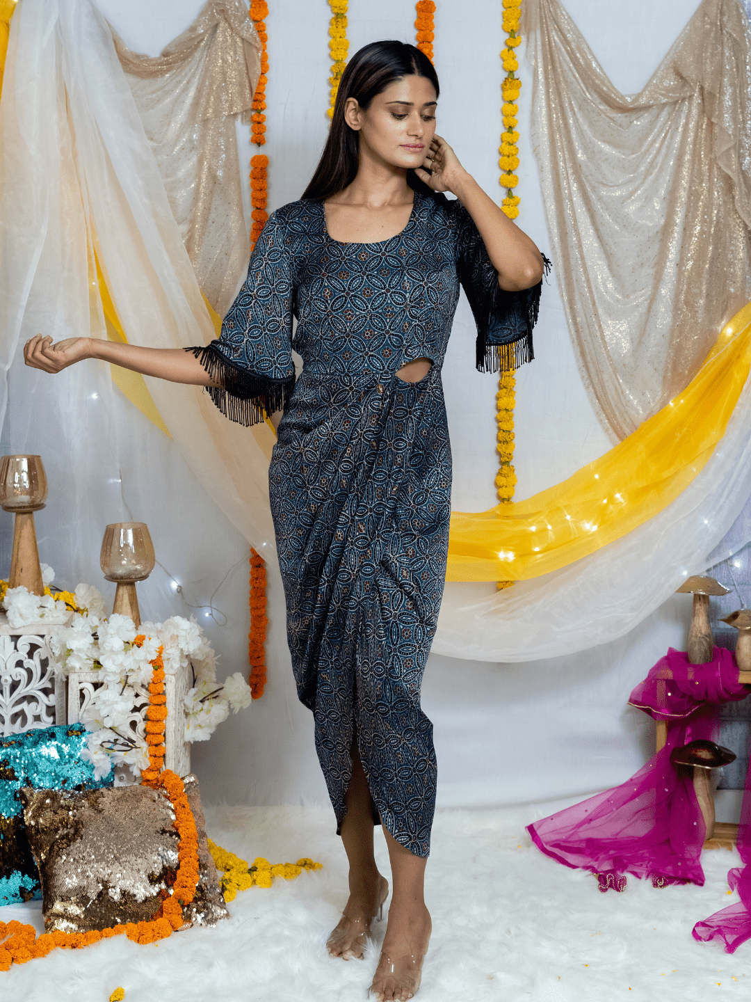Ajrakh Indigo handblock printed Modal Silk Cutout Dress with Butterfly Sleeves