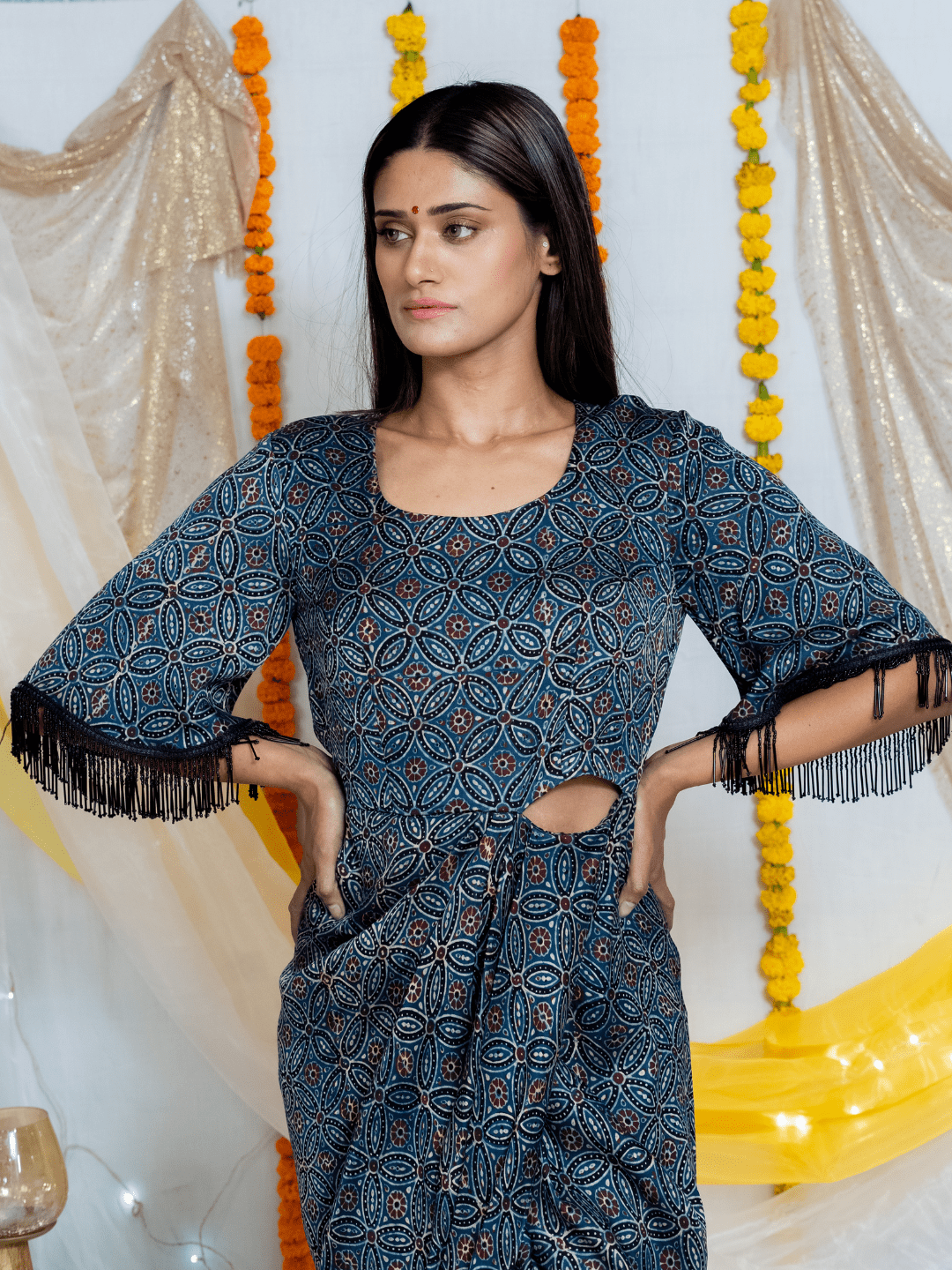 Ajrakh Indigo handblock printed Modal Silk Cutout Dress with Butterfly Sleeves