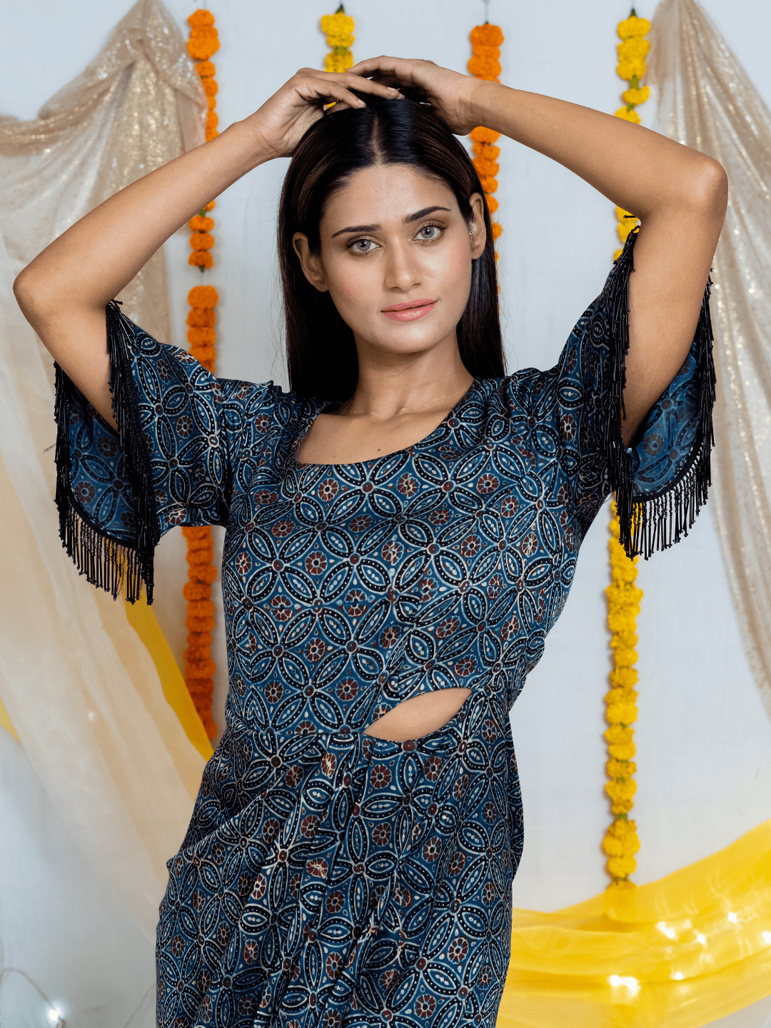Ajrakh Indigo handblock printed Modal Silk Cutout Dress with Butterfly Sleeves