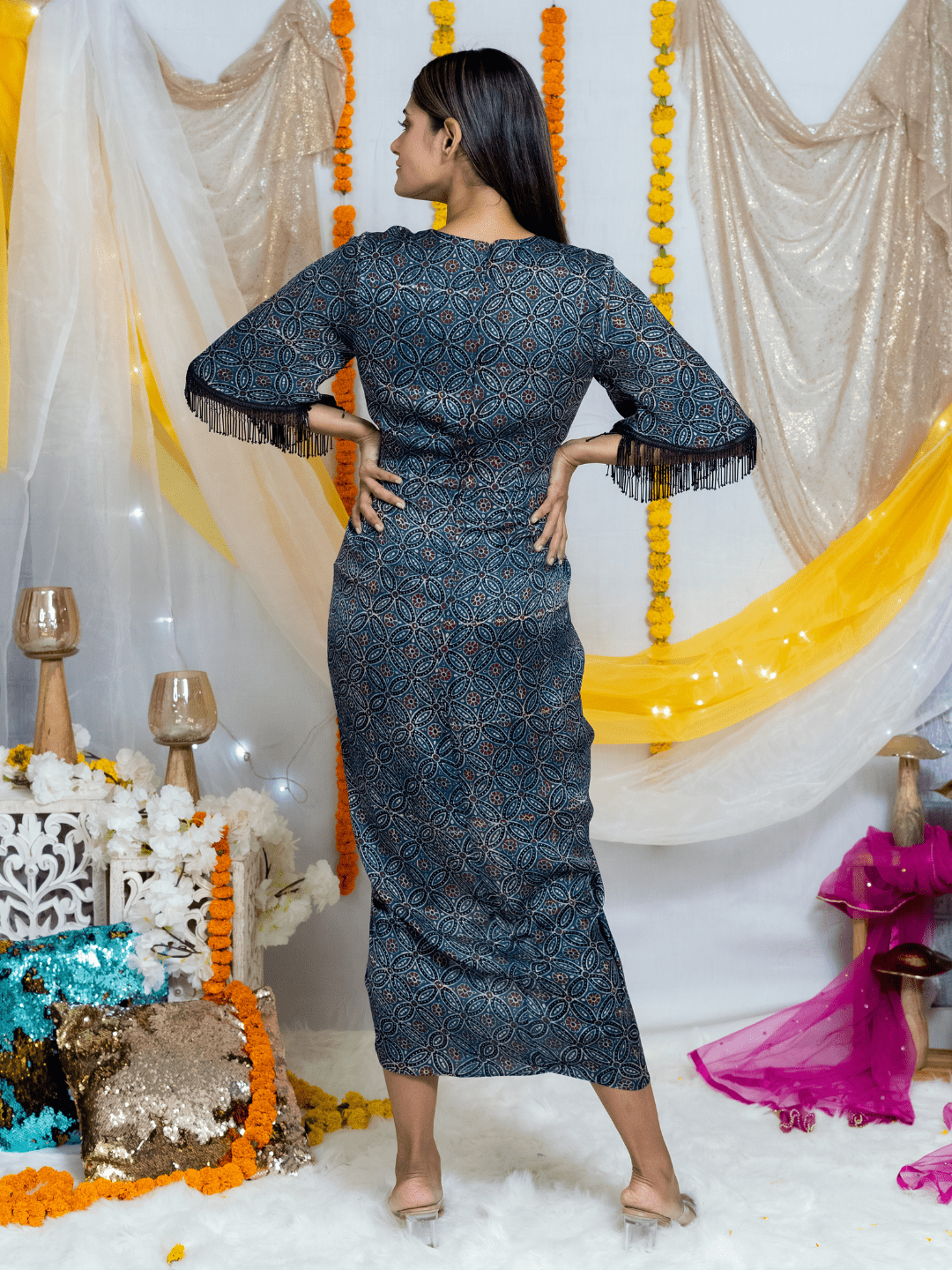 Ajrakh Indigo handblock printed Modal Silk Cutout Dress with Butterfly Sleeves