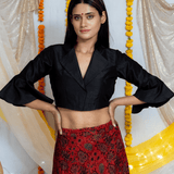 Black Blouse with Red Ajrakh Handblock Printed Modal Silk Skirt