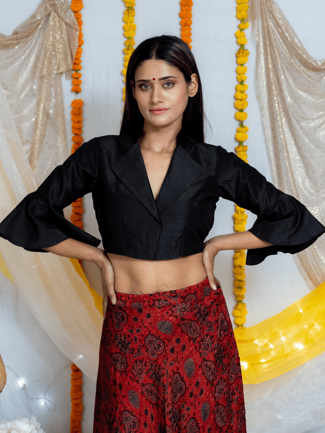 Black Blouse with Red Ajrakh Handblock Printed Modal Silk Skirt