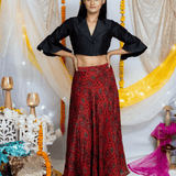 Black Blouse with Red Ajrakh Handblock Printed Modal Silk Skirt